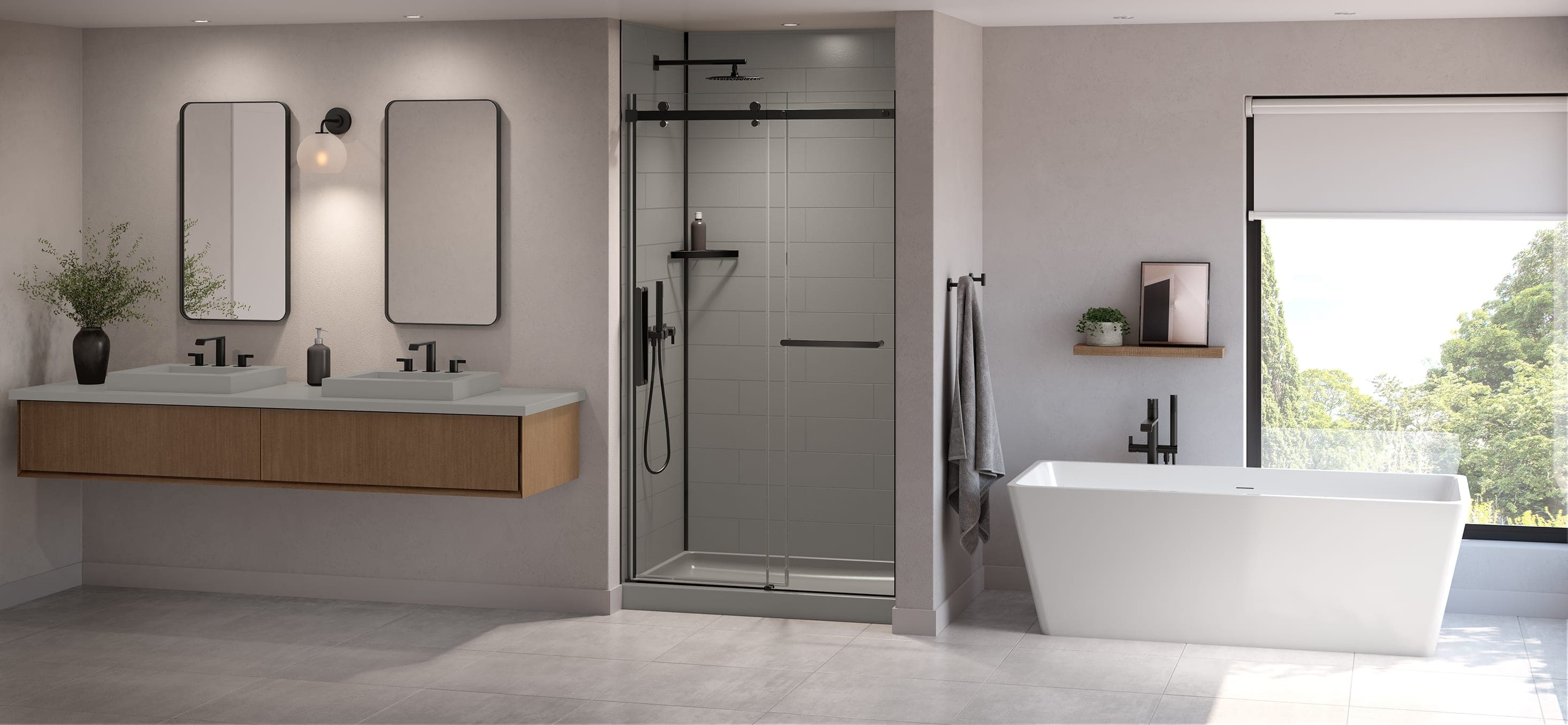 Modern bathroom with walk-in shower and freestanding tub