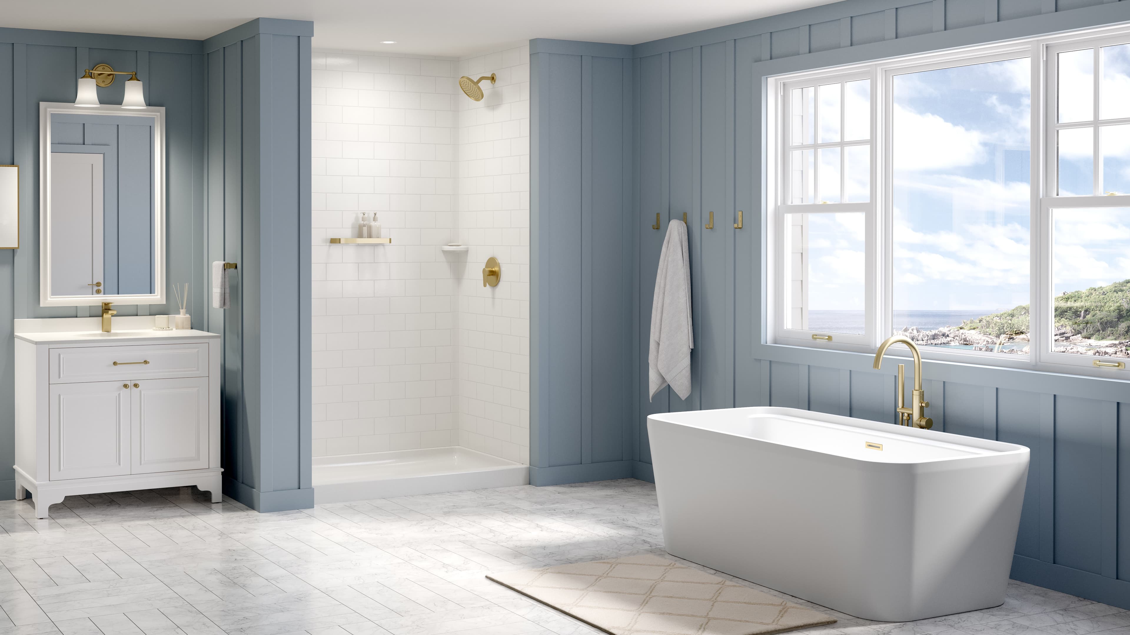 Elegant bathroom with walk-in shower and freestanding tub