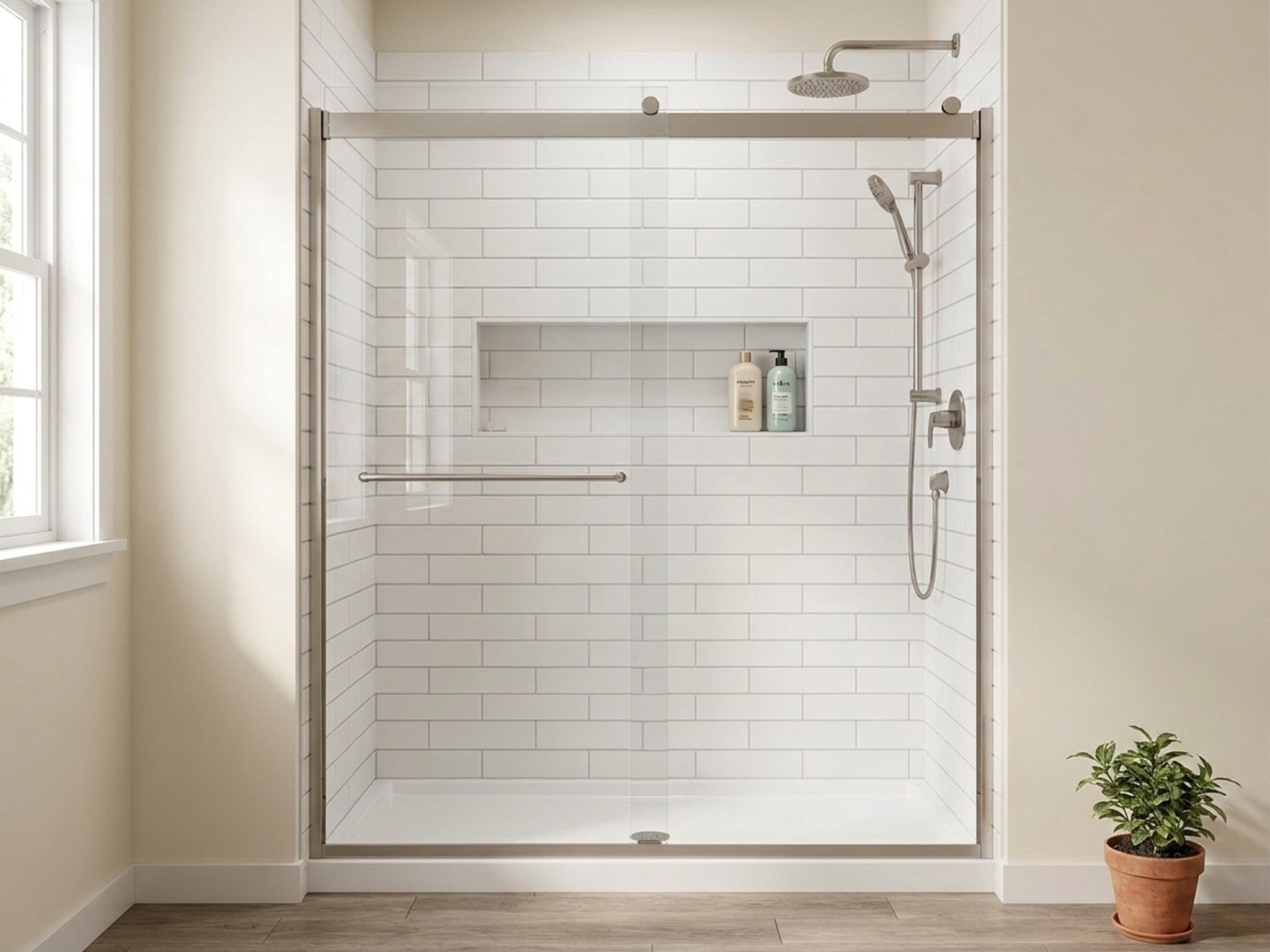 NexTile tile-look shower wall system with molded subway tile pattern and built-in storage niche