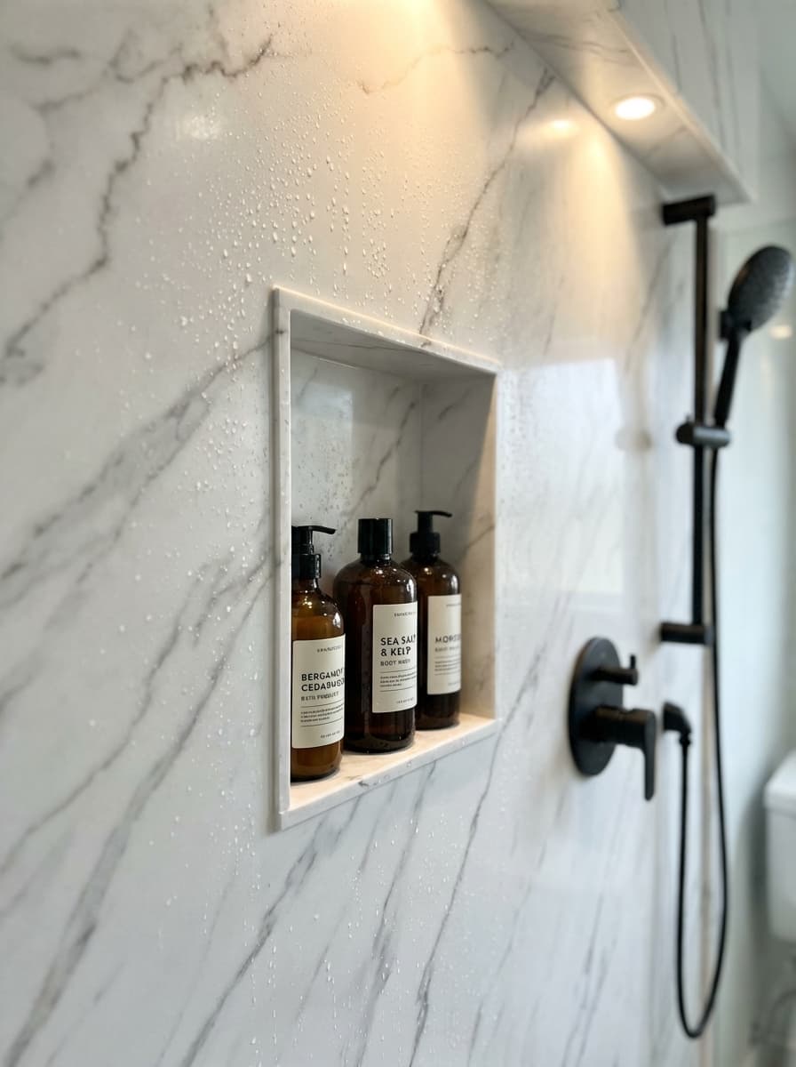 SwanStone Carrara marble shower wall panels with built-in niche