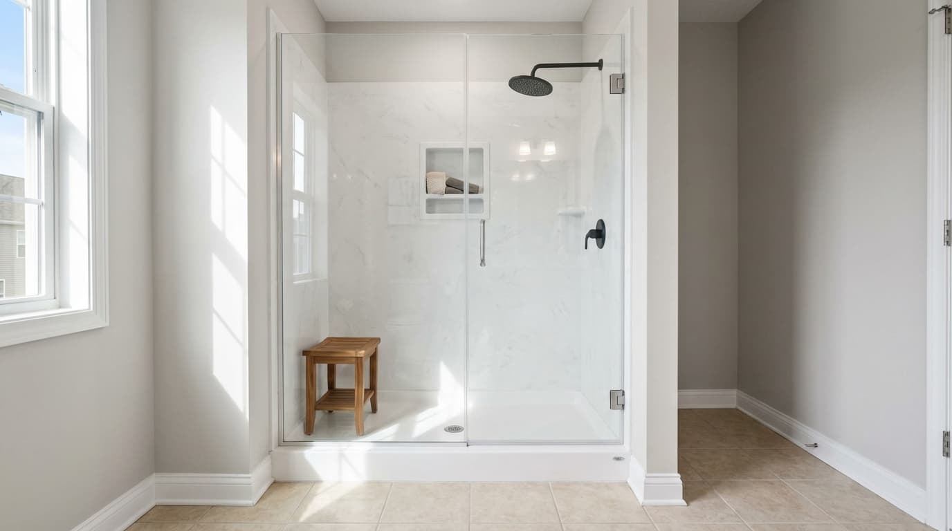 Premium SwanStone walk-in shower with Carrara marble panels, frameless glass enclosure, and matte black fixtures