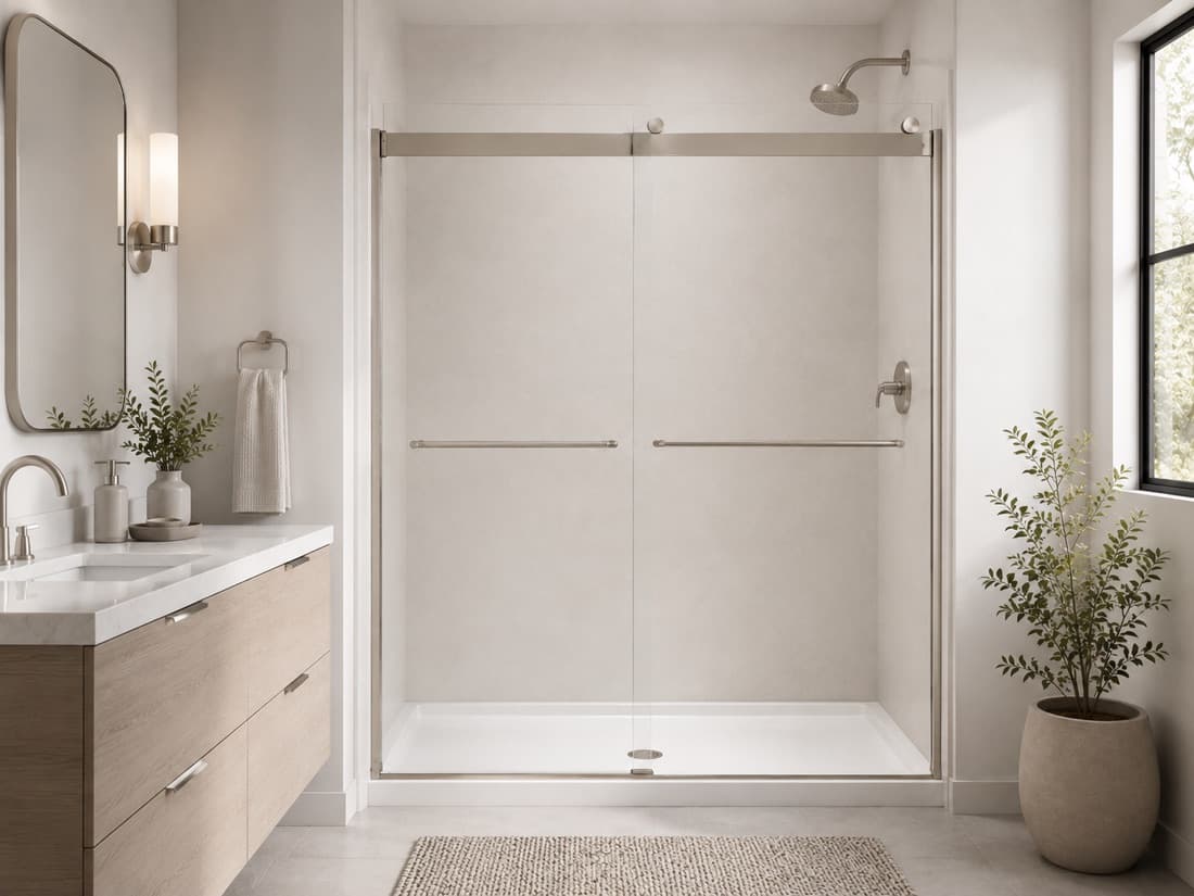Finished walk-in shower with seamless SwanStone solid-surface walls, a brushed nickel sliding glass door, and a low-threshold pan